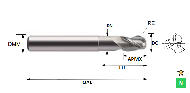 16.0mm 3 Flute Ball Nosed Necked ALU-XP Carbide Slot Drill